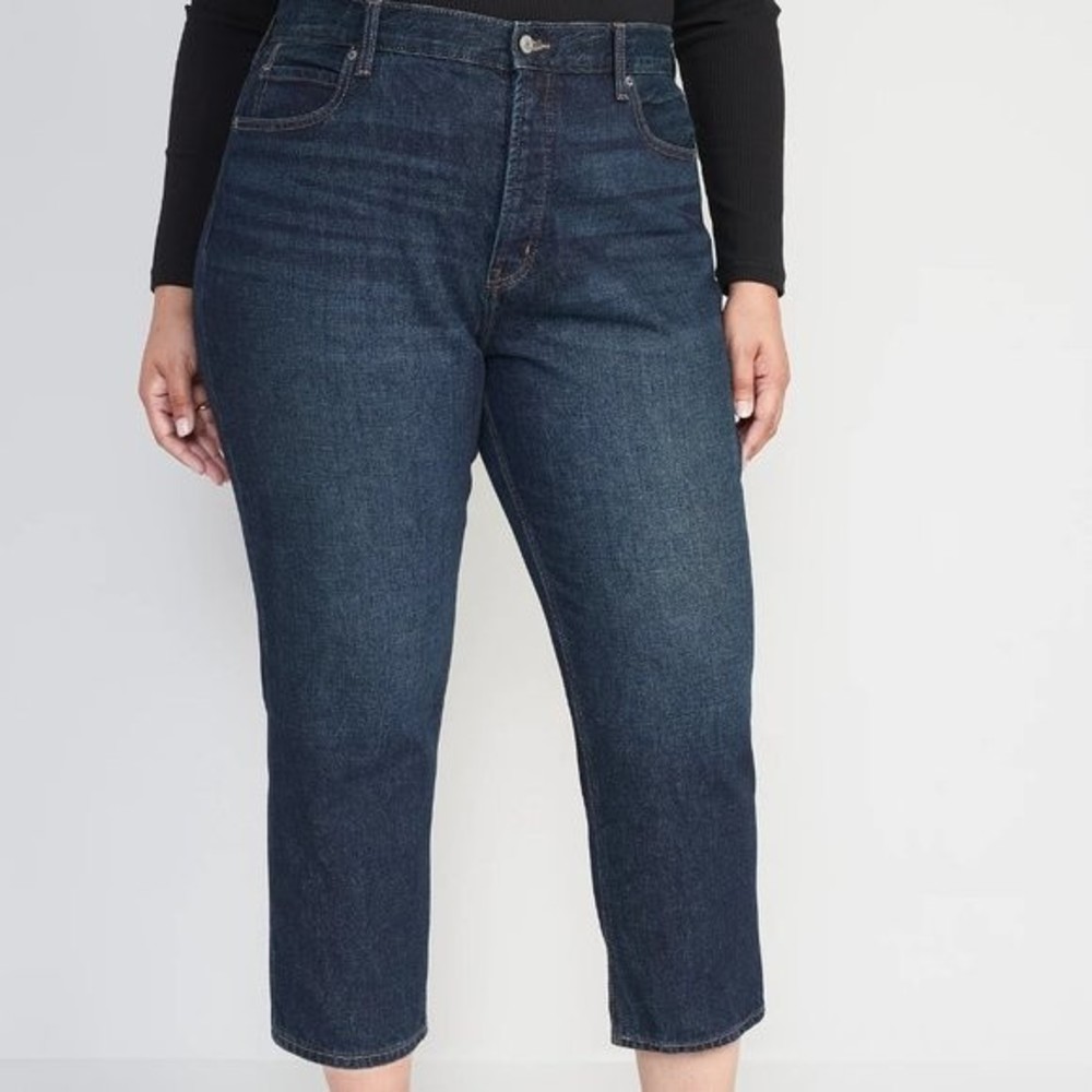 Old Navy High Rise Slouchy Straight Jeans Cropped Women's Plus Size 28 Dark Wash